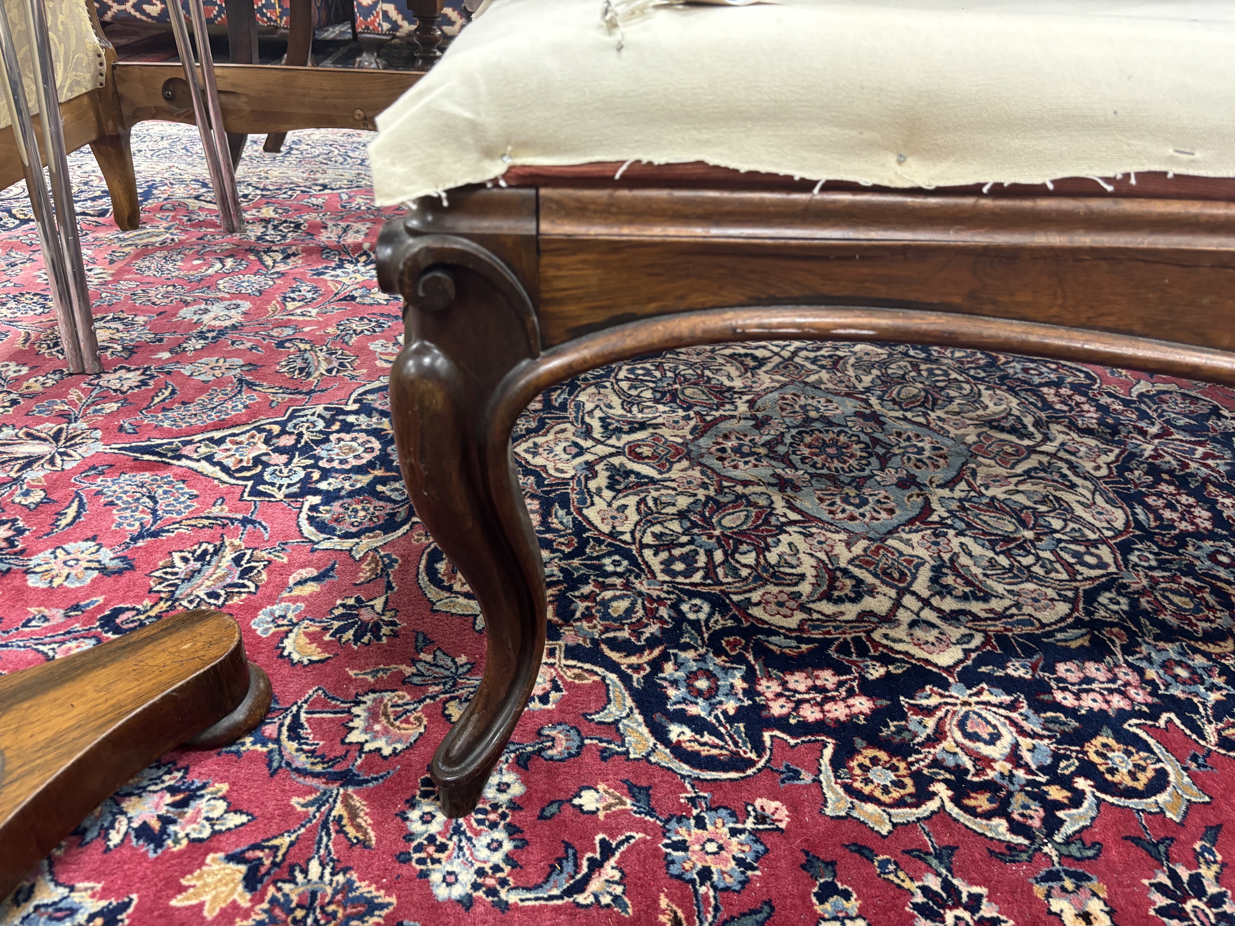 A large Victorian rectangular rosewood stool with upholstered drop in seat, width 124cm, depth 65cm, height 44cm
